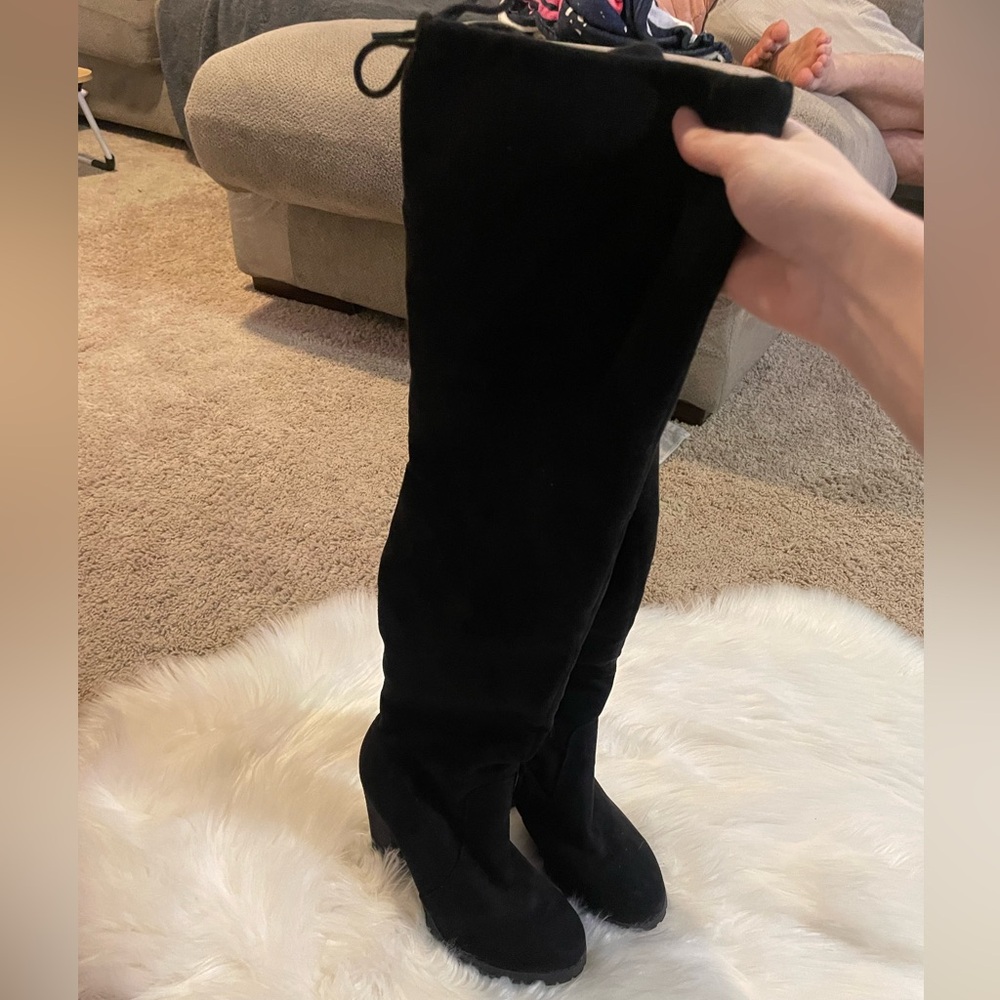 Black Thigh High Velvet Tie Lace Up Heeled Boots